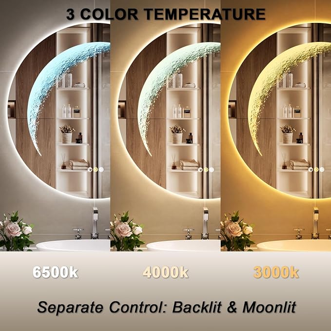 30'' Circle LED Mirror, Frameless Round Smart Mirror with Backlit & Half Moon Light, Anti-Fog, 3 Color Modes, Dimmable Wall-Mounted LED Vanity Mirrors for Bathroom, Bedroom, Entryway
