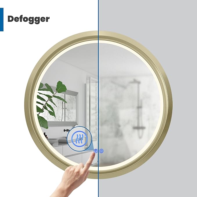 Fab Glass and Mirror 28" Round LED Bathroom Wall Piece with Touch Dimming, Anti-Fog Feature, 3 Color Temperature Options, Circular Framed Lighting in Gold