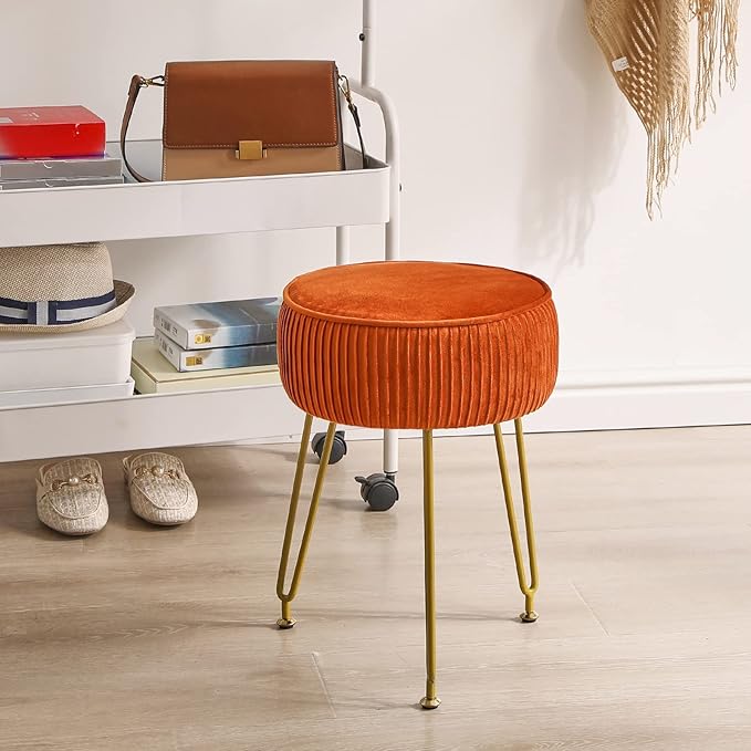 IBUYKE Velvet Round Footrest Stool Ottoman, Makeup Vanity Stool Side Table, Velvet Dressing Table Seat, Pouf Couch Stool, Golden Steel Legs, Orange LG-30J