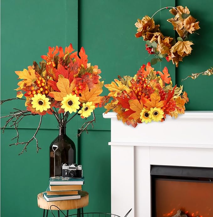 Ceenna 16 Bundles Fall Artificial Flowers for Outdoors Decorations Floral Picks Stem Fake Mums Eucalyptus Maple Leaves Berry for Garden Autumn Thanksgiving Arrangement(11 Inch,Maple Leaf)