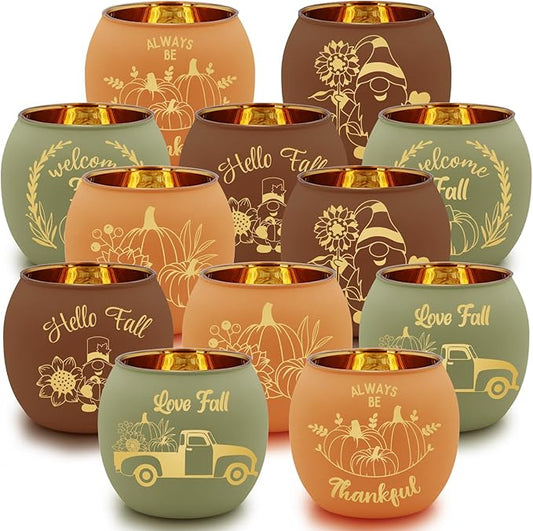 SHMILMH Fall Table Centerpiece Decorations Set of 12 Glass Votive Tealight Candle Holder for Wedding, Party, Thanksgiving, Fall Decor for Indoor and Outdoor