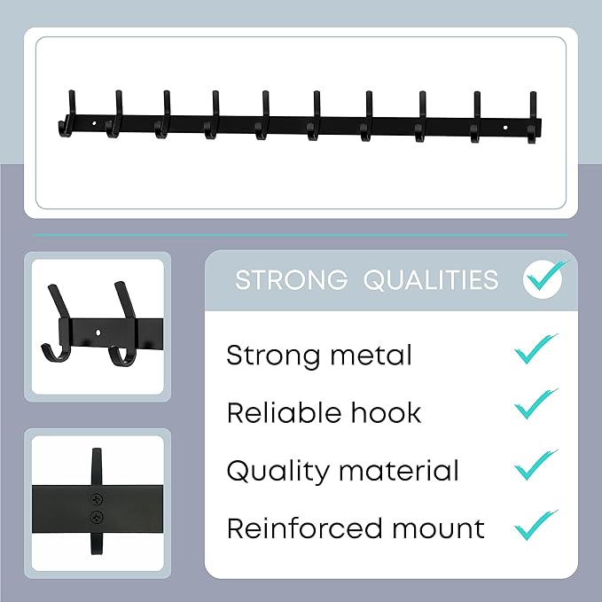 Matte Black Coat Rack Wall Mount – 30 Inch Stainless Steel Hook Rail with 10 Double Coat Hooks – Wall Mounted Entryway Organizer for Coats, Hats, Bags, Towels, Robes, Closet or Bathroom