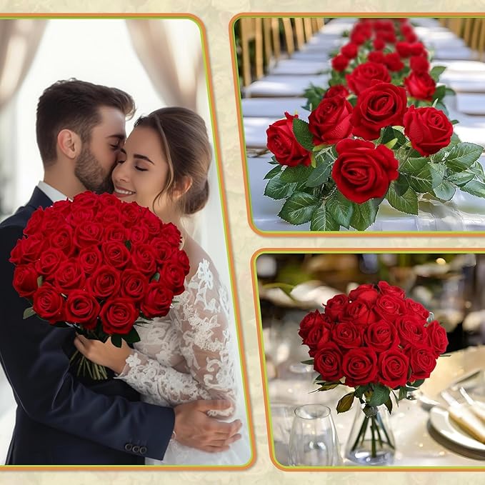100 PCS Fake Red Roses, Artificial Red Flowers Bulk Realistic Silk Faux Rose with Stems for Wedding Decoration Anniversary Bridal Bouquet DIY Floral Arrangement Romantic Home Decor Gifts