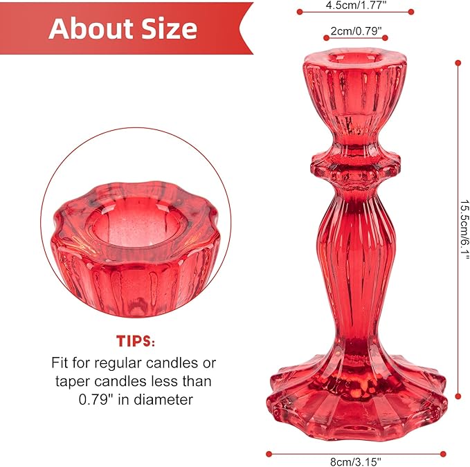 Glass Candle Holders, 2PCS Wide Base Candlestick Holder Decorative Candle Stand Table Centerpieces for Wedding Birthday Halloween Christmas Party, Red
