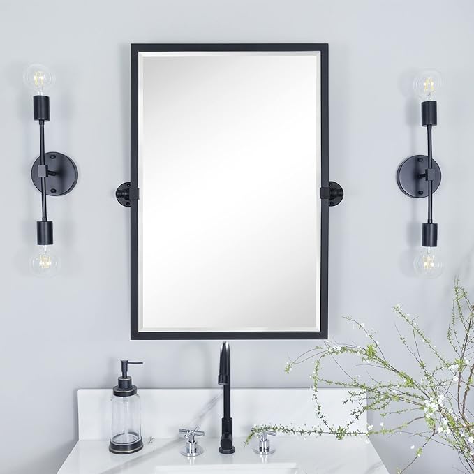 TEHOME 20x30'' Pivot Tilting Bathroom Vanty Mirror Rectangle Black Metal Framed Beveled Wall Mirror