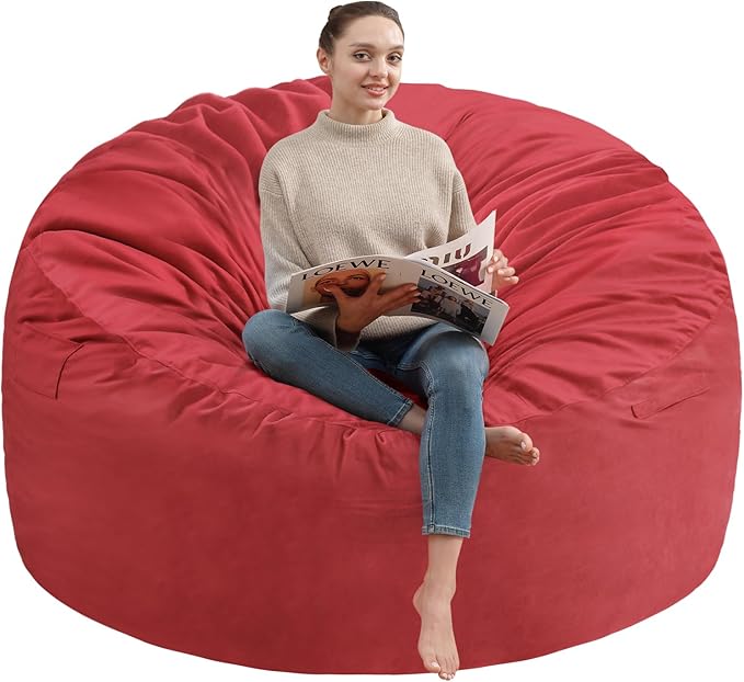 6FT Bean Bag Chair, Large Bean Bag Chairs with Memory Foam Filled, Fluffy Beanbag Sofa with Dutch Velvet Cover, Round BeanBag Chairs for Living Room, Playroom - Red