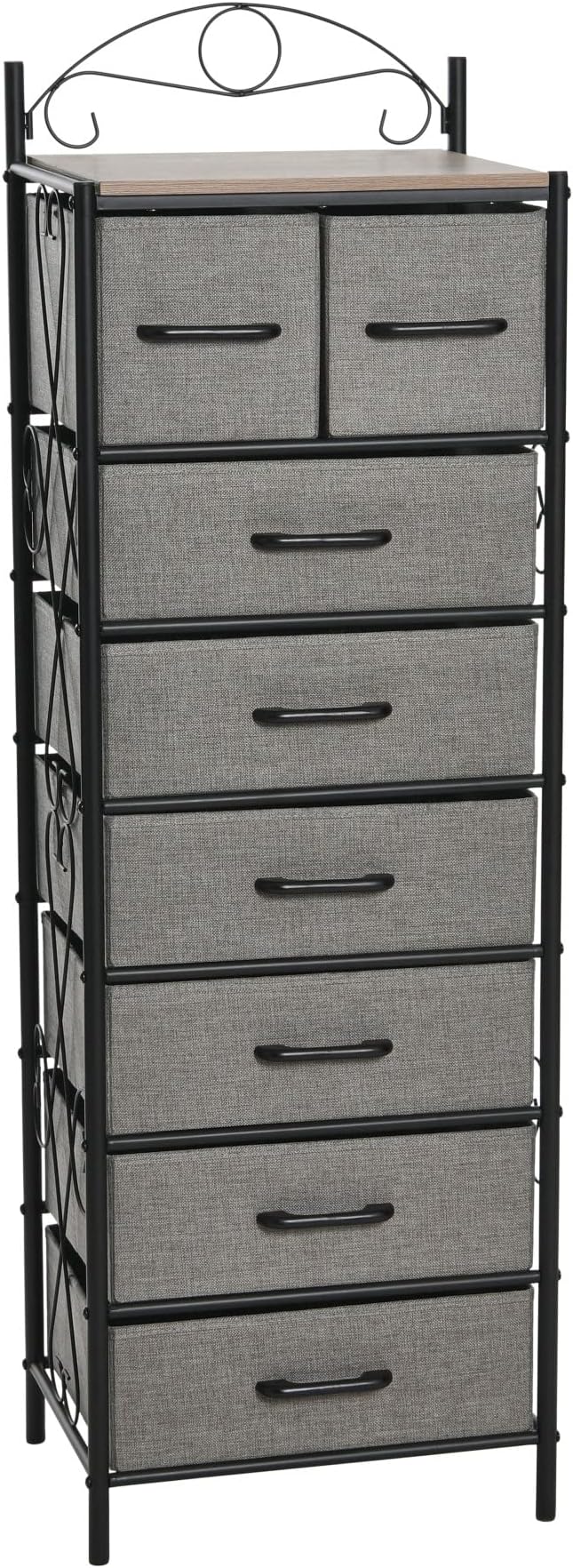 Household Essentials Victoria Dresser Tower Storage Organizer with 8 Drawers Black Metal Frame and Ashwood Rustic Wood Grain Top