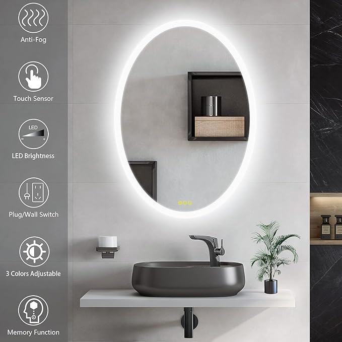 Wall-Mounted LED Oval Bathroom Mirror, Makeup Mirror (28 inches x 20 inches,) 3 Color Stepless Dimmable Memory Bathroom Vanity Mirror with Lights CRI90+ 3000-6400K Smart Mirror with Touch