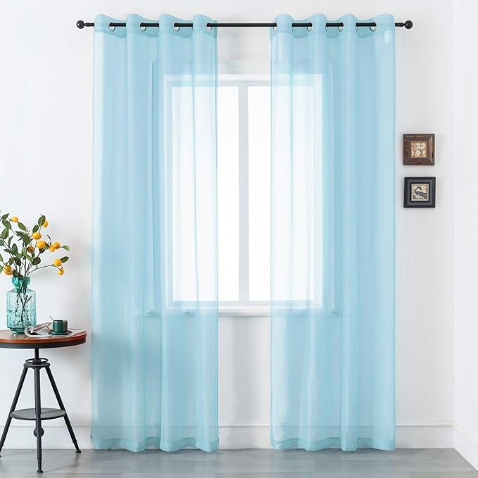 DUALIFE Sky Blue Voile Sheer Curtains Grommet,Look Semi Sheer Windows Panels,Elegant Solid Color Touch Soft Drapes, 52X96 Inch for Living Room Bedroom,Set of 2 Panels