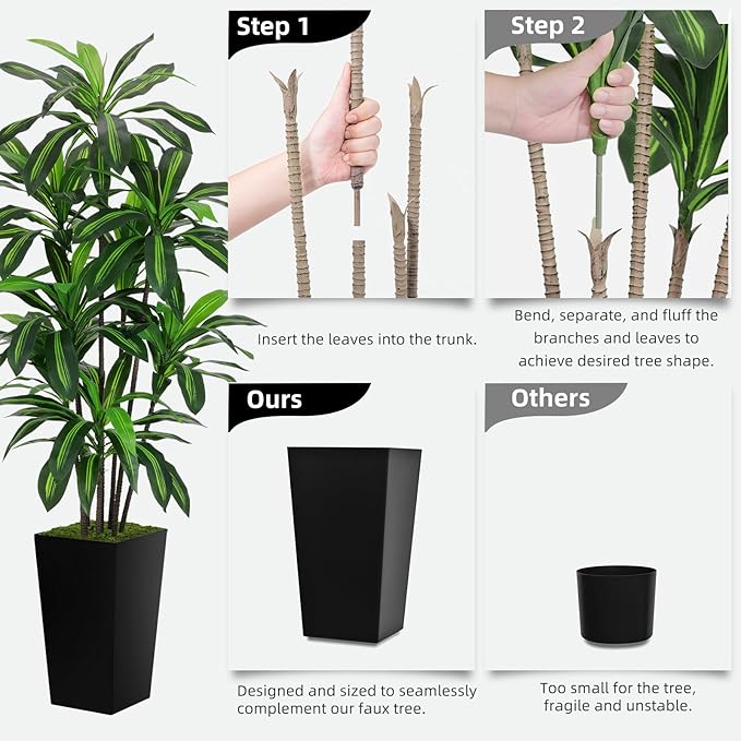 Artificial Dracaena Tree 6FT - Faux Tree with Black Tall Planter - Fake Tropical Yucca Floor Plant Potted - Artificial Silk Tree for Home Office Living Room Decor Indoor