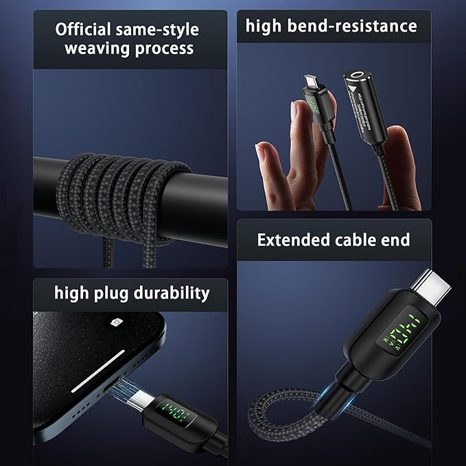 140W DC4530 to USB C PD Cable DC 4.5mm x 3.0mm Female(4.5 x 0.6mm) Input to Type C Male Power Charging Cable with Charging Voltage Current watt Display Real time,for Phones,Tablets,Laptops