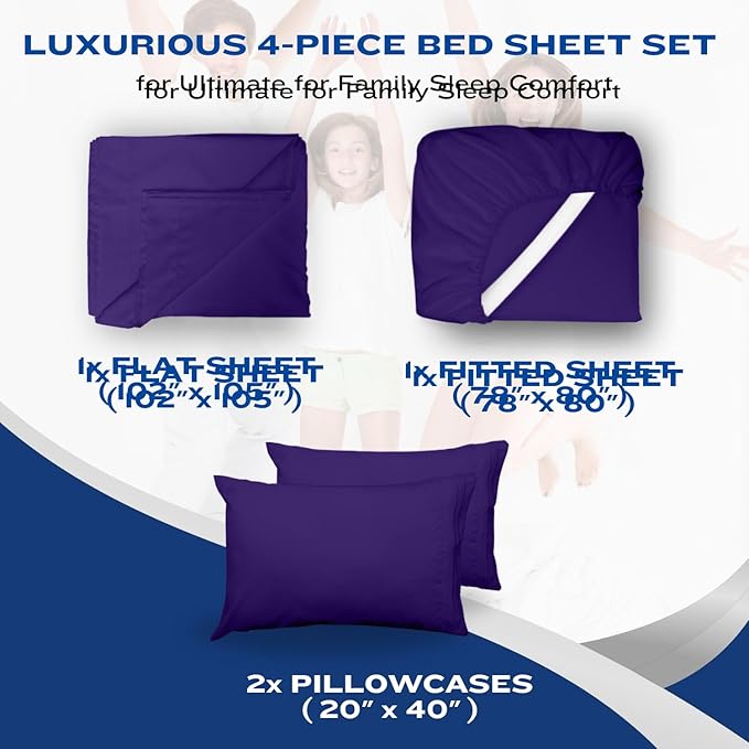 DREAMCARE California King Sheet Sets – 4 pcs Cooling Sheets – up to 21” Deep Cal King Sheets – Hotel Luxury Sheets & Pillowcases – Superior Softness 100% Fine Microfiber with Side Pocket – Purple