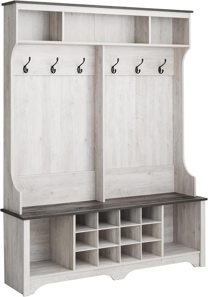 Prepac Farmhouse Washed White Hall Tree, Shoe Cabinet, Storage Cabinet with 12 Shoe Cubbies, 2 Boot Cubbies and 6 Double Coat Hooks 15.5" D x 60" W x 77" H