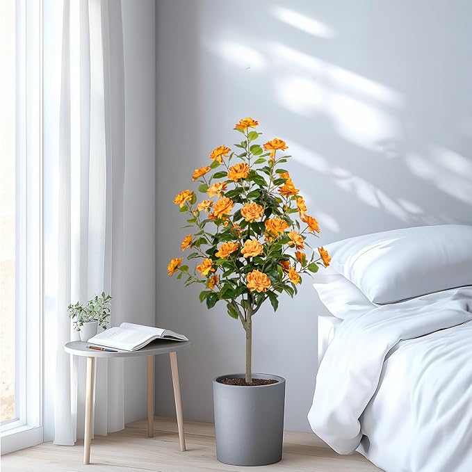 Artificial Camellia Tree 2 Pack, Artificial Plants Outdoor Faux Floral Plant in Cement Pot Fake Silk Camellia Tree Plants for Home House Living Room Office Decor
