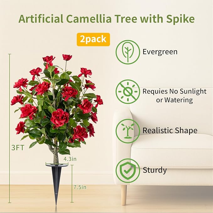 Artificial Camellia Tree 2 Pack with Spike, Artificial Plants Outdoor Faux Floral Plant in Cement Pot Fake Silk Camellia Tree Plants for Home House Living Room Office Decor