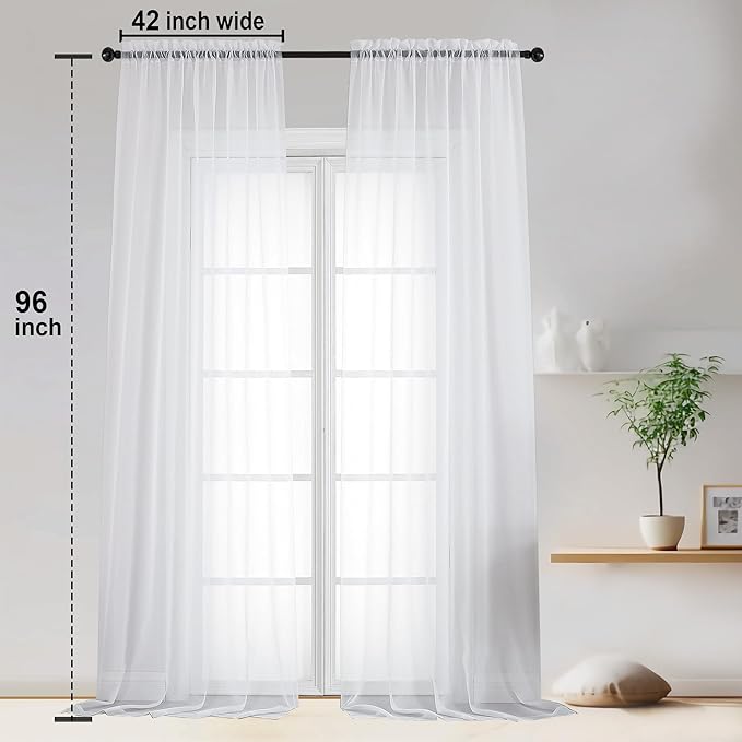 OWENIE White Sheer Curtains 96 Inches Long, Elegant Sheer Curtains for Bedroom, Window Voile Sheer Curtain Panels/Drapes/Treatment for Living Room, 2Pcs, Each 42" W x 96" L