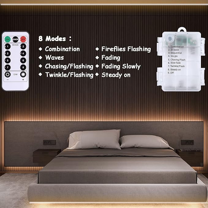 echosari Battery Powered Led Strip Lights with Remote Warm White, 8 Modes, Dimmable, Timer, Self-Adhesive, Cuttable, Waterproof, 9.8FT 90Led Strip Lights for TV Kitchen Cupboard Bedroom Decor
