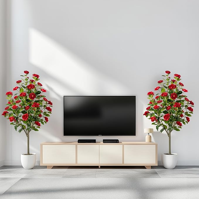 Artificial Camellia Tree 2 Pack, Artificial Plants Outdoor Faux Floral Plant in Cement Pot Fake Silk Camellia Tree Plants for Home House Living Room Office Decor