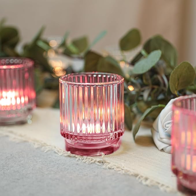 Vintage Ribbed Pink Glass Tealight & Votive Candle Holders (Set of 12) - Wedding, Bridal Shower Party Table Decor, Fall, Boho, Shelf Decoration