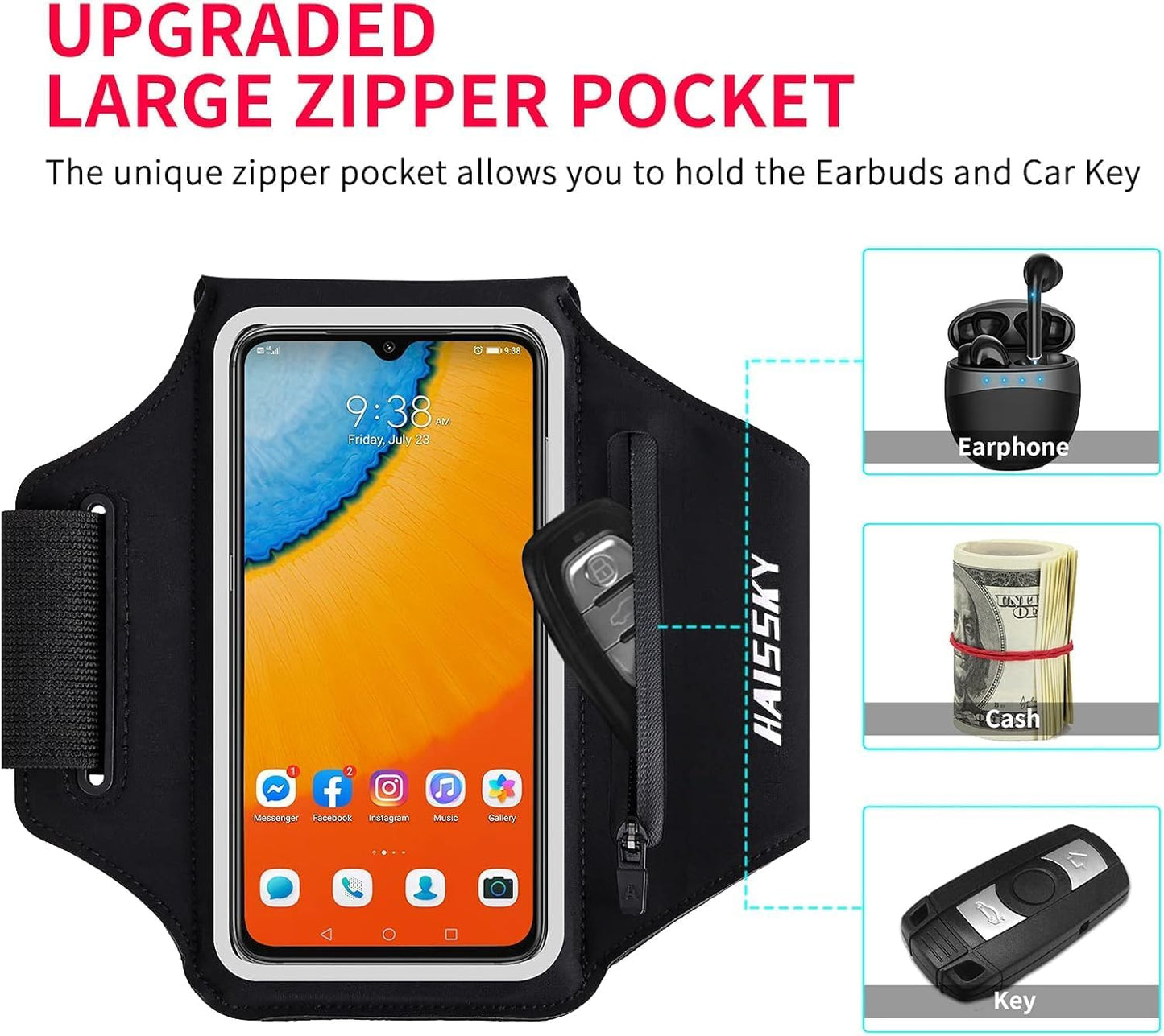 Running Armband with Earphone Bag, Cell Phone Holder for iPhone 16/15/14/13/12 Pro, Galaxy S21/S20