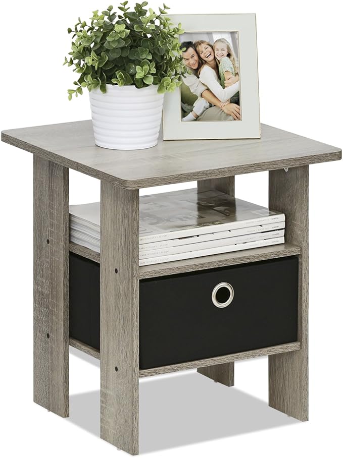 Furinno ANDREY Side Table, End Table, Night Stand with Open Shelves and Storage Bin, Bedside Table, for Living Room, Bedroom, French Oak