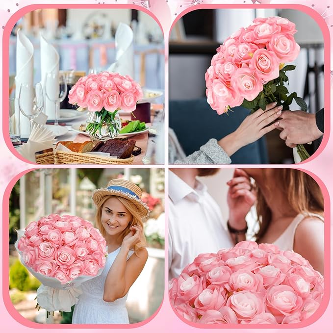 32 Pcs Light Pink Artificial Flowers Bulk, 20" Silk Gradient Blush Pink Real Touch Roses for DIY Wedding Bridal Bouquets, Centerpieces, Home Decor