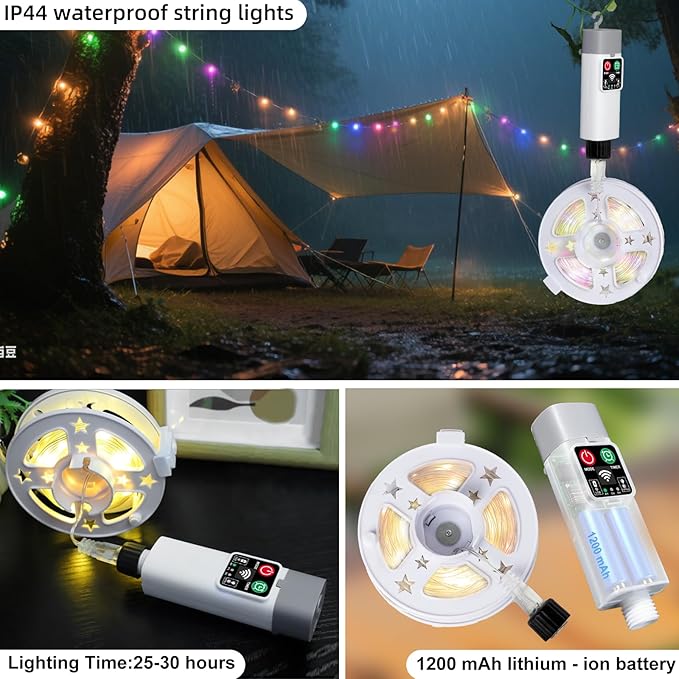 Moobibear Camping String Lights, Quick Storage, 66FT/200LED RGB Rechargeable Tent Lights String with USB 8 Lighting Modes, Hanging Waterproof Portable LED Lamp for for Camping Essentials, Yard, Party