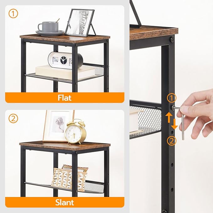 HOOBRO Side Table, 3-Tier Tall End Telephone Table with Adjustable Mesh Shelves, Small Entry Table for Living Room Bedroom Hallway or Office, Rustic Brown and Black BF01DH01G1