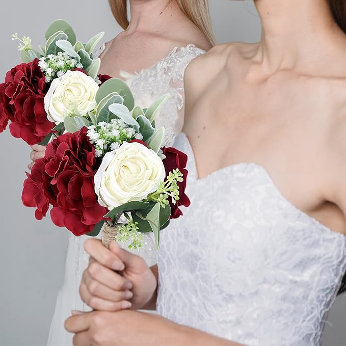 Artificial Flowers Bridesmaid Bouquets - Set of 2 Bridesmaid Bouquet Burgundy White Handmade Silk Floral Bouquet for Wedding Ceremony Anniversary, Bridal Shower, Home Table Decorations