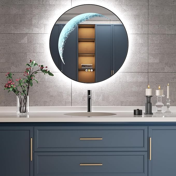 Black Round Mirror 30 inch, Circle Framed Mirror with Backlit & Half Moon Light, Anti-Fog, 3 Color Modes, Dimming Wall-Mounted LED Mirrors for Bathroom, Home Decor, Bathroom, Entryway