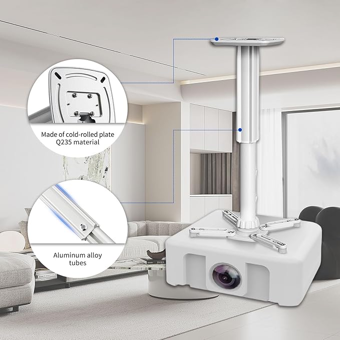 Jomard Projector Ceiling Mount, Heavy Duty Aluminum, Adjustable Height 10.05"-16.94", 360° Swivel 15° Tilt, Holds 15 Lbs, White
