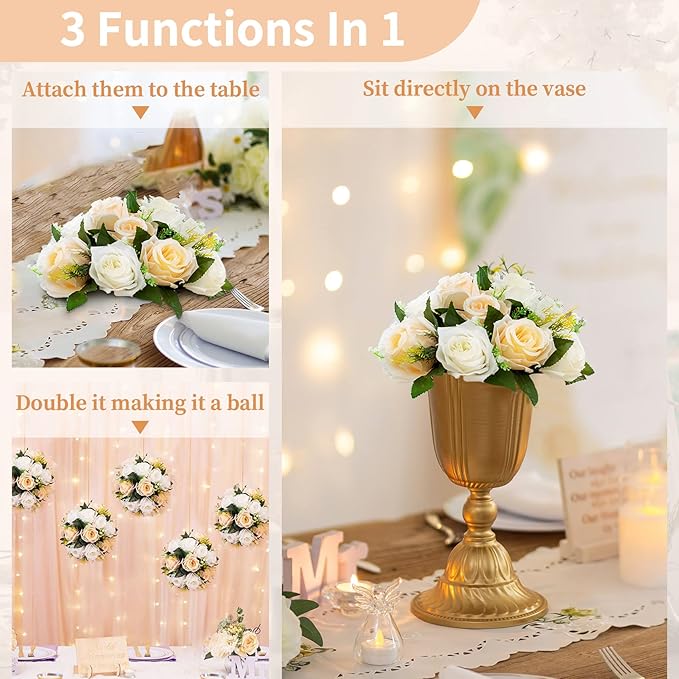 Pcs of 10 Fake Flower Ball Arrangement Bouquet,15 Heads Plastic Roses with Base, Suitable for Our Store's Wedding Centerpiece Flower Rack for Parties Valentine's Day Home Décor (Champagne & White)