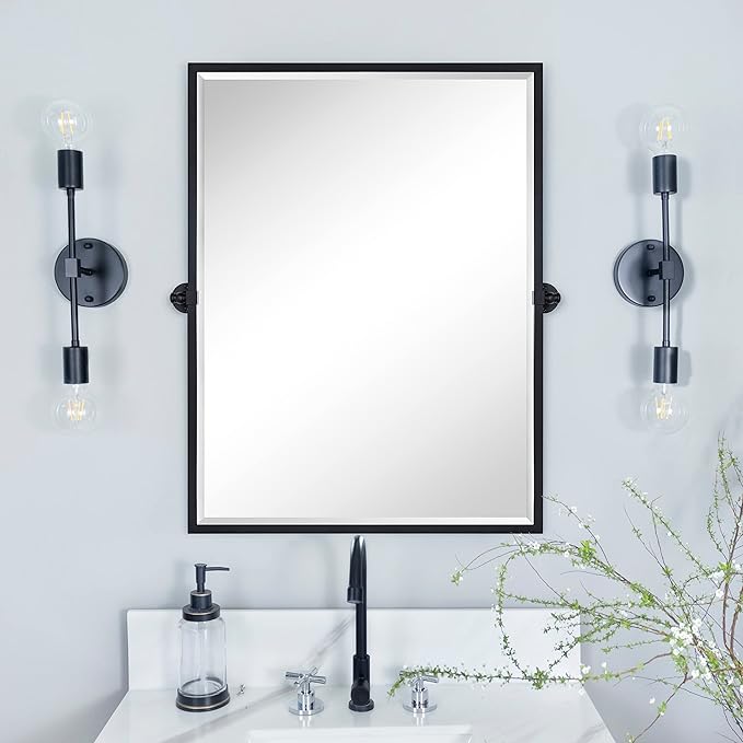 TEHOME Pivot Mirror Matte Black Bathroom Mirror Squared Edge Rectangle Tilting Beveled Vanity Mirrors for Wall, Overall 33.9 x 40 inches (Mirrror 30 x 40 inches)
