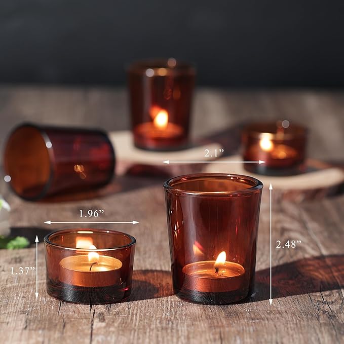 12pcs Assorted Amber Votive Candle Holders, Glass Candle Holder for for Fall Decor, Amber Tealight Candle Holder for Table Centerpiece, Wedding and Party Decor