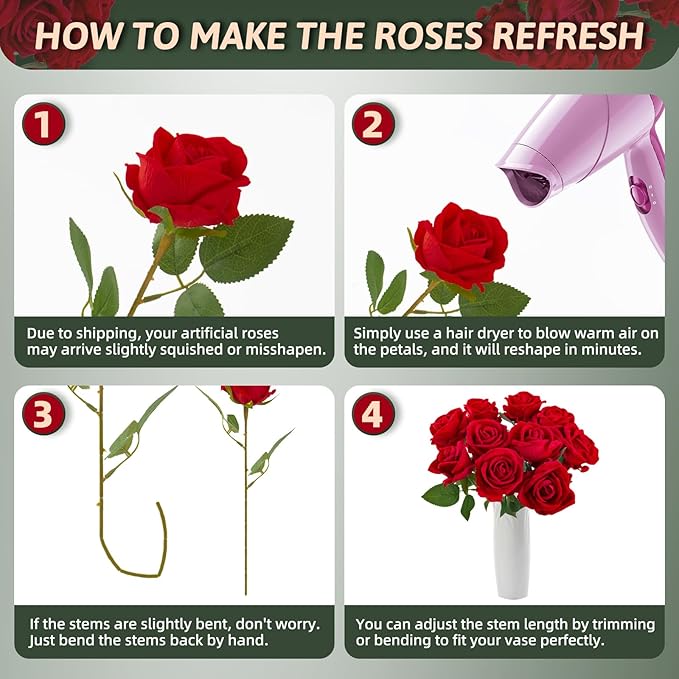 Red Roses Artificial Flowers 50 Pack in Bulk, Fake Roses Flowers Realistic Roses for Wedding Home Party Decoration Event Gift (Red)