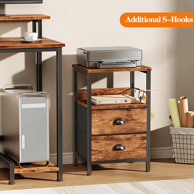 Furologee Night Stand Set of 2, Nightstand with 2 Fabric Drawers, Bed Side Table with Open Shelf, Wooden Top, Hooks, Backboard Design, End Table for Bedroom, Study, Hallway, Brown