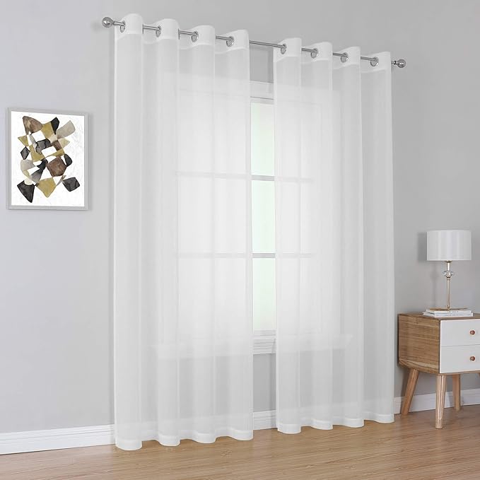 KEQIAOSUOCAI 84 Inches Length Sheer Curtains - Grommet Top Solid Voile Window Draperies Elegant Panels for Bedroom(Pure White,2 Panels,W54 x L84 Inch Long)