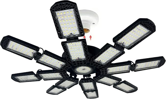 LED Garage Light,Super Bright Screw in E26/E27 Ceiling Shop Work Lamp, 350W 35000 Lumen Deformable Basement Bulb Fixture with 16+1 Adjustable Panels, Lighting for Workshop, Attic