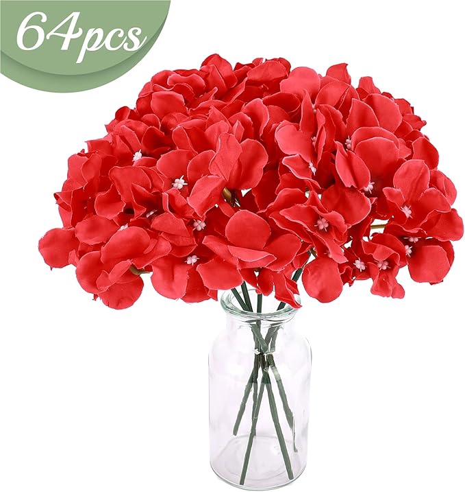 Auihiay 64pcs Hydrangea Artificial Flowers, Red Fake Hydrangea Flowers with Stems, Artificial Hydrangea Flowers for Wedding Centerpieces, Home Garden Party Decoration (Red)