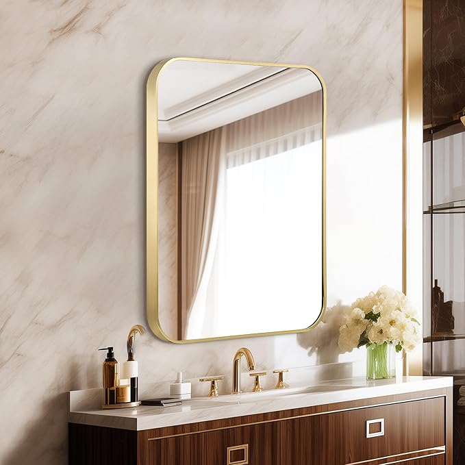 24"x30" Brushed Matte Gold Mirror for Wall, Gold Metal Framed Rounded Corner Rectangular Mirror for Bathroom Vanity,Entryway,Living Room,Bedroom,Vertical or Horizontal