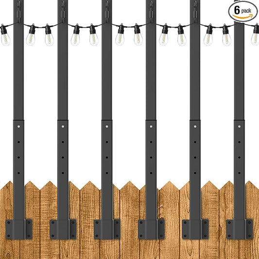 6 Pack 2.8Ft Suspension Outdoor String Light Poles for Outside String Lights Hanging,with Clip and Holder,Light Post Mounting Stand for Patio Fence Wall Garden Backyard Deck