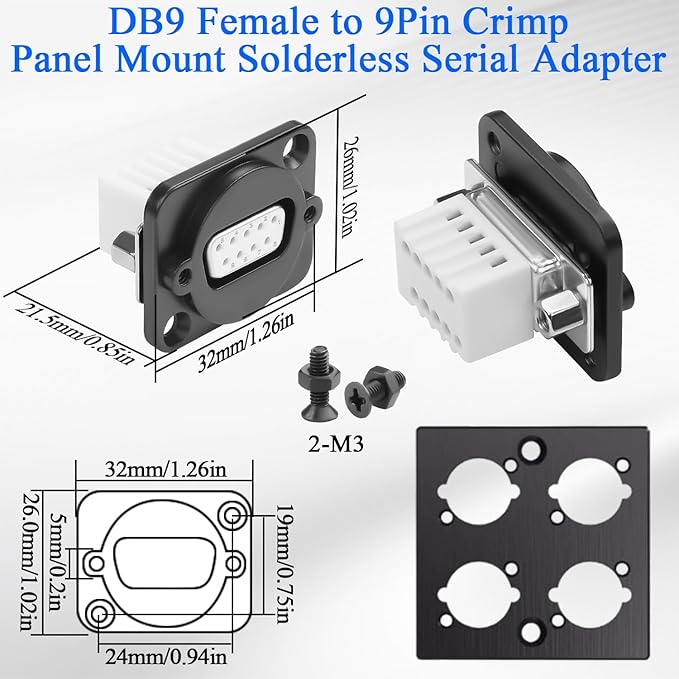 QIANRENON DB9 Solderless Adapter Panel Mount Socket DB9 Female to 9Pin Crimp Terminal Bulkhead Mount Serial Connector D-SUB 9Pin Wiring, with Butt Screw Hole, for Extend RS232/RS485/RS422 Port