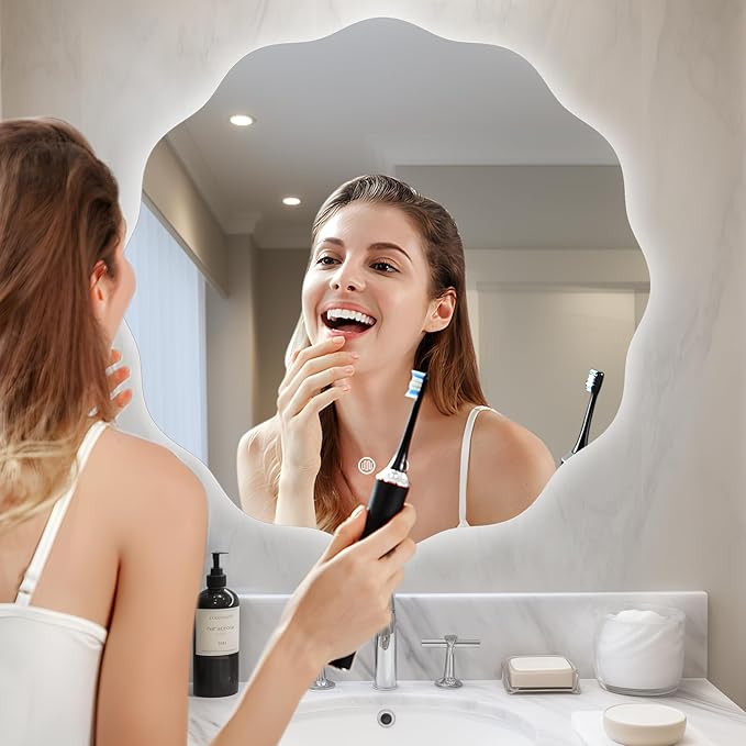 WallBeyond LED Bathroom Mirror with Lights, 28'' Wavy Round Light Up Bathroom Mirror, Anti Fog Led Mirror for Bathroom, 3 Colors and Dimmable Light
