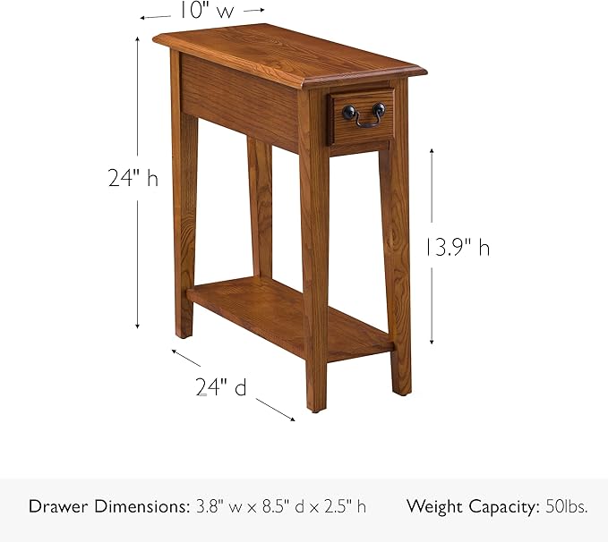 Leick Home Haven Ridge End Table, Solid Wood, 1 Storage Drawer, Bottom Display Shelf, Narrow, Easy-Assembly, Medium Oak, 24.0 in. L x 10.0 in. W x 24.0 in. H, 9017-MED