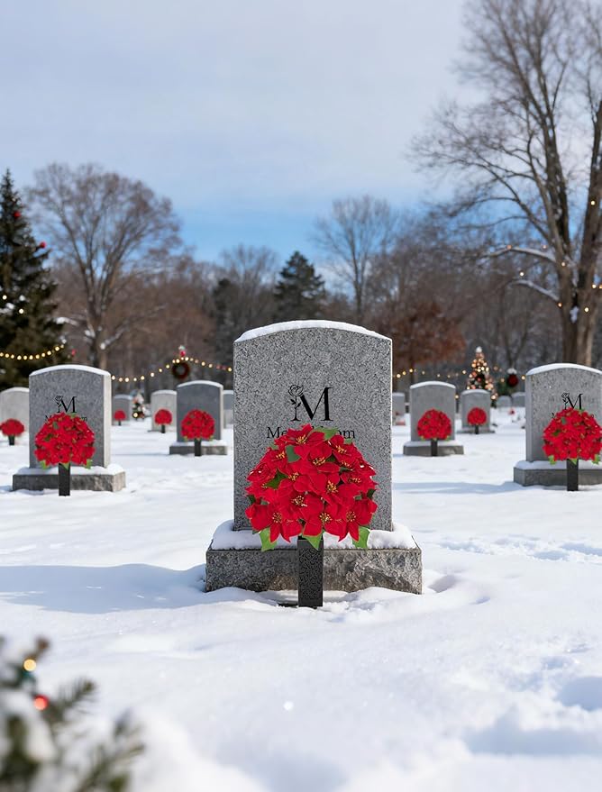 Christmas Cemetery Flowers for Grave: 2 Pcs Artificial 24 Heads Large Red Velvet Poinsettia Bouquets with Vases for Outdoor Grave Decorations
