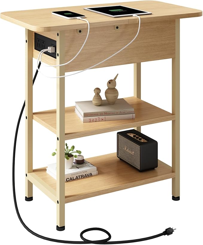 LIDYUK End Table with Charging Station, Flip Top Side Table with USB Ports and Outlets, Nightstand for Small Spaces, Bedside Tables with Storage Shelf for Living Room, Bedroom, Natural