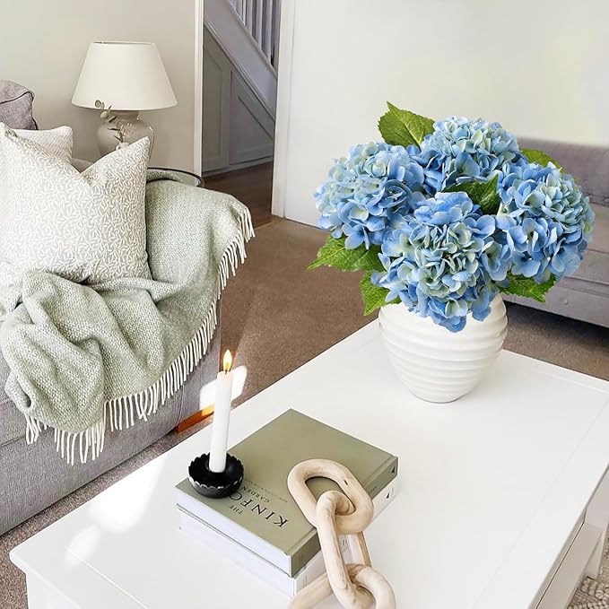 Light Blue Flowers Hydrangea Artificial Flowers, 4PCS 21" Latex Real Touch Vintage Lifelike Silk Flowers,Faux Hydrangea Bouquet Fake Flowers for Wedding Centerpieces Tables Party Outdoor Home
