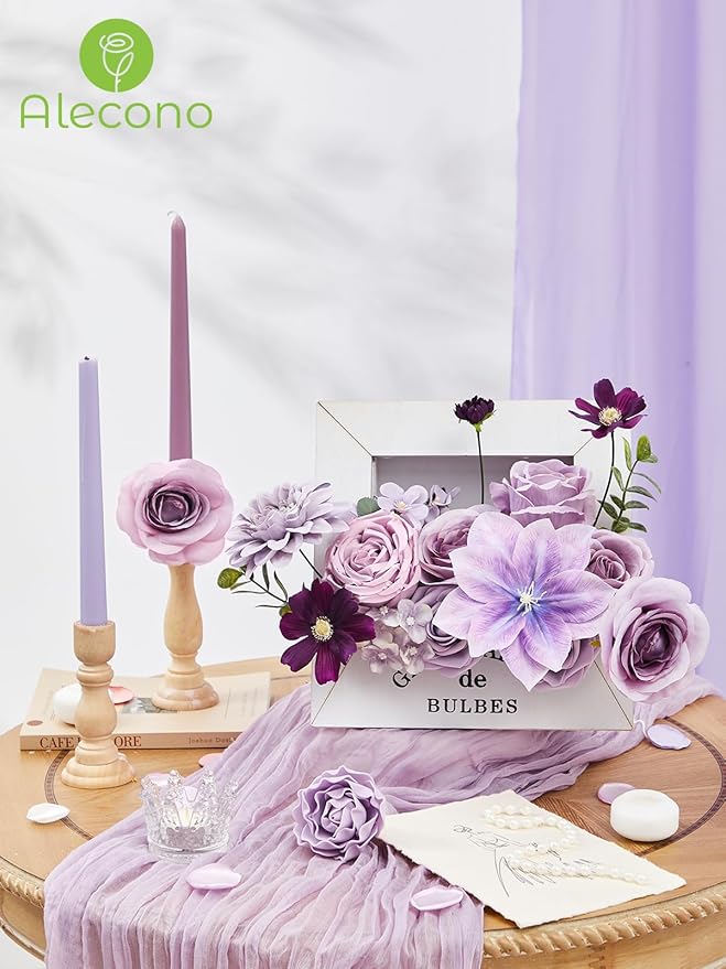 Alecono Artificial Flowers, Purple Fake Flowers Combo Box with Stems for DIY Wedding Bridal Bouquets, Cake Party Table Centerpieces Home Decor