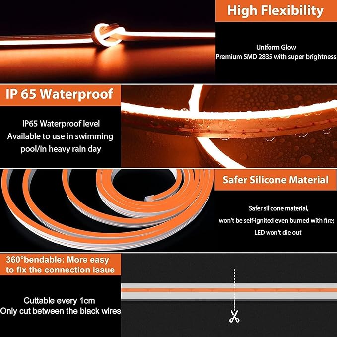 Lamomo LED Neon Lights, 16.4ft Orange Halloween Decorations 0.39In/Cut Rope Light, 12V Flexible Waterproof Silicone Neon Lighting for Indoor Outdoor Decor（Power Adapter not Included