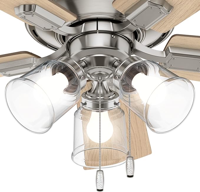 Hunter 42 inch Indoor Ceiling Fan with LED Lights and Pull Chain - Low Profile Mount Ceiling Fan, 5 Blades, For Bedroom, Living Room, or Kitchen, Quiet - Crestfield 52154, Brushed Nickel